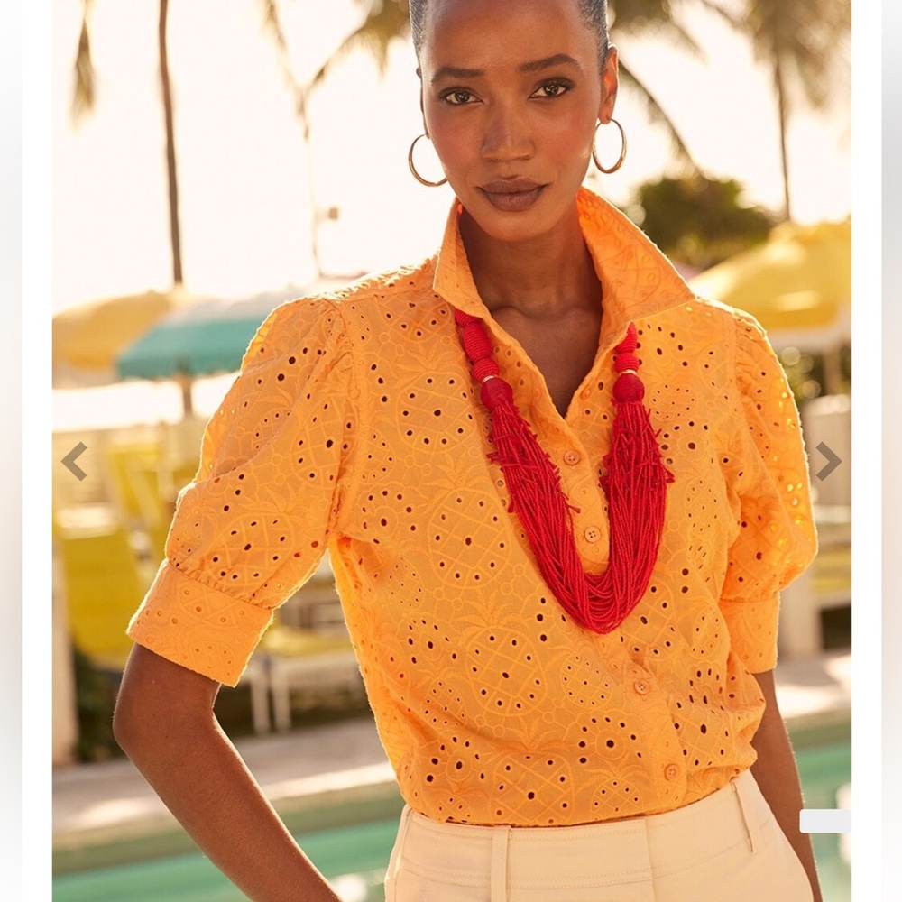 Chicos Shirt Pineapple Eyelet Shirt Button Down Vibrant Orange Size 2 (US 12)